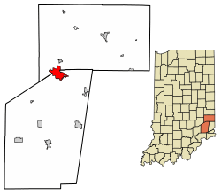 Location of Batesville in Franklin County and Ripley County, Indiana.