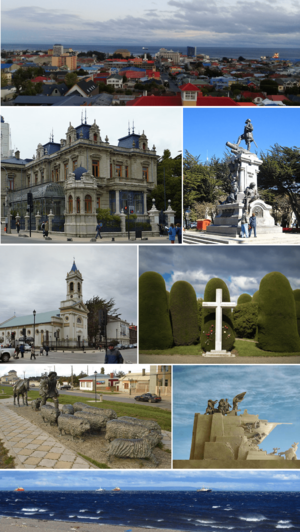 Top:Panoramic view of downtown Punta Arenas, from La Cruz Hills, Second:Sara Braun Palace (Palacio Sara Braun), Ferdinand Magellan Monument in Muñoz Gamero Square (Plaza Muñoz Gamero) Third:Punta Arenas Sacred Heart Cathedral, Cemetery of Punta Arenas, Fourth:Shepherd Monument, Goleta Ancud Monument, Bottom:An overview of Strait of Magellan, from Costanera area (all item from left to right)