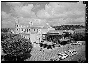 Parque de Bombas and Cathedral in Ponce, Puerto Rico, taken in 1977 from atop of Hotel Meliá, looking northwest