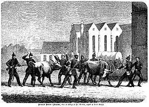 Preussiske soldater inddriver kvæg ved Domkirken. Set fra Mejlgade (Kunstner Hans Frederik Meyer Visby) 1864