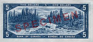 Reverse of $5 banknote, Canada 1954 Series, "Devil's Head" printing
