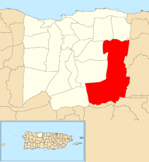 Location of Sabana Hoyos within the municipality of Arecibo shown in red