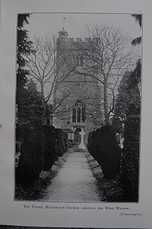 The Tower (with now lost finial surmounted De Salis tomb nearby), Harlington Church, Middlesex. photograph published 1909