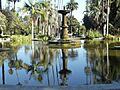 View of the fountain and reflection in the Will Rogers Memorial Park in Beverly Hills, California