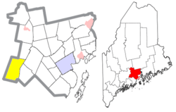 Location of Palermo (in yellow) in Waldo County and the state of Maine
