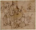 A fool, seated on a basket, about to be shaved by a nun holding a wafer iron by Hieronymus Bosch