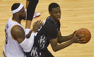 Andrew Wiggins guarded by LeBron James