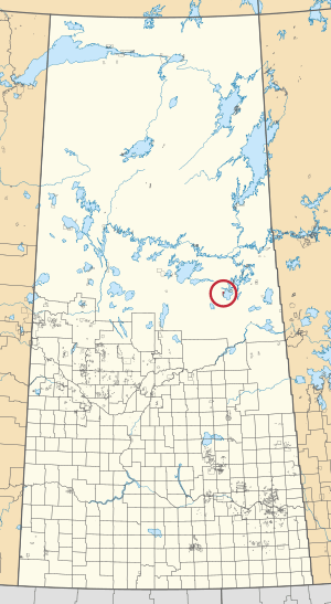 A map of the province of Saskatchewan showing 297 rural municipalities and hundreds of small Indian reserves. One is highlighted with a red circle.