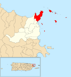 Location of Cabezas within the municipality of Fajardo shown in red