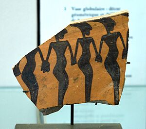 Dancers on a piece of ceramic from CheshmeAli, Iran, 5000 BC, Louvre