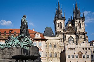 Jan Hus Statue and Tyn Church, Old Town Square, Prague - 8190