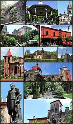 From top, left to right: Train bridge in the Chapultepec Ecological Park, Kiosk in Jardín Juárez, Chapel of Our Lady of Mount Carmel, Inner courtyard of the Robert Brady Museum, Restaurant Alondra (Historic Center), El Castillito, Side facade of the entrance to Villa Cuauhnáhuac, Chapitel del Calvario, View of the dome of the Parish of Our Lady of Guadalupe, General Carlos Pacheco Villalobos Monument, Borda Garden, Tower of the Robert Brady Museum