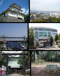 Top left: Odawara Castle, Top right: Panorama view of Odawara, from Odawara Castle Park, Middle left: Odawara Fishing Port, Middle right: Odawara Station, Bottom left: Sontoku Ninomiya Shrine, Bottom right: Ishigakiyama Castle Park