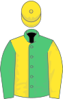 Emerald green and yellow (halved), reversed sleeves, yellow cap