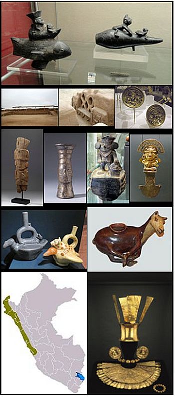 Chimú pottery and ceramics, Chan Chan, Gold ceremonial dress, a map of Chimú cultural influence within Peru