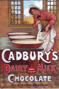 A dairymaid pours milk into containers in a kitchen. Large text says "Cadbury's Dairy Milk Chocolate: Rich Nutty Flavour"