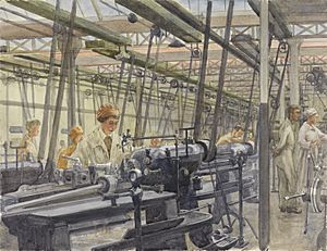 Queen Mary's Army Auxiliary Corps Mechanics in the Engine Repair Shop, Rouen Area - worker Weston in foreground Art.IWMART2899