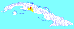 Rodas municipality (red) within  Cienfuegos Province (yellow) and Cuba