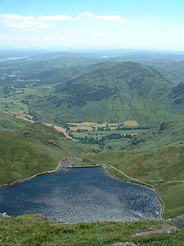 An upland lake surrounded by mountains