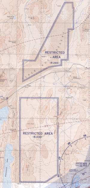 1955 map of "U. S. Prohibited, Restricted, Caution and Warning Areas on Elko Sectional Chart":  "Black Rock Desert" (R-266) and "Sahwave Mountains" (R-430)