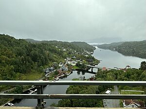 Boliger ved utløpet av Ønna, i bakgrunnen Langangsfjorden, Porsgrunn kommune