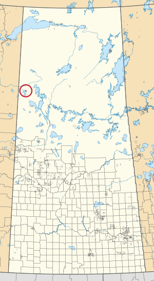 A map of the province of Saskatchewan showing 297 rural municipalities and hundreds of small Indian reserves. One is highlighted with a red circle.