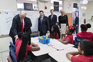 Donald Trump, Marco Rubio, Jared Kushner, and Ivanka Trump visit a fourth grade classroom, March 2017