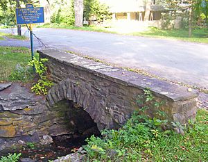 One side of a short stone arch bridge on a paved road, with a creek flowing through a stone-walled channel underneath. There is a blue and gold historical marker describing the bridge on the other side of the creek, and a severely overexposed house across the road.