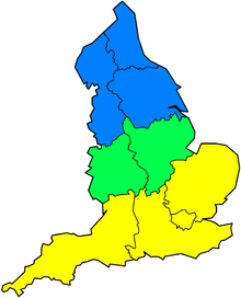 A képen Dél-Anglia és Kelet-Anglia sárga, Észak-Anglia kék, The Midlands pedig zöld színnel szerepel