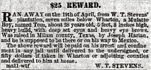 Galveston Weekly News from May 11, 1858. "$25 Reward