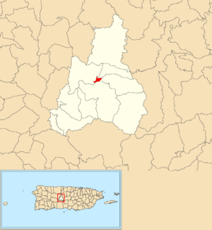 Location of Jayuya barrio-pueblo within the municipality of Jayuya shown in red