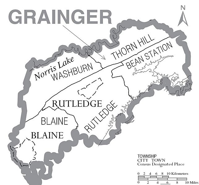 Image Map of Grainger County, Tennessee With Municipal and Township Labels