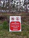 No photography sign at site of filming of Wonder Woman in the Bourne Wood