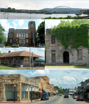 Clockwise, from top: Highway 23 bridge over the Arkansas River, historic Franklin County Jail, Ozark Courthouse Square Historic District, Ozark Depot, Franklin County Courthouse