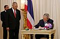 President signs guest book with Prime Minister Samak Sundaravej in the Ivory Room of the Government House