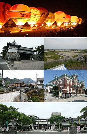 Top:Saga International Balloon Fiesta. Second:Saga Castle, A heritage site of Mietsu Naval Dock, Third:Furuyu Spa, Saga Historial Folk Museum, Bottom:Saga Shrine, (all item from left to right)