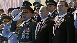 Sergey Shoigu, Vladimir Putin, Dmitry Medvedev, May 9, 2014