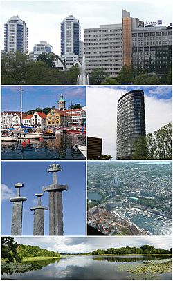 (top down, clockwise)  * Breiavatnet * Rica Forum Hotel * Stavanger aerial photo * Lille Stokkavann * Monument to the Battle of Hafrsfjord * View of Vagen 