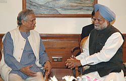 The Prime Minister Dr. Manmohan Singh meeting with the Nobel Peace Prize winner Dr. Mohammed Yunus, in New Delhi on January 30, 2007