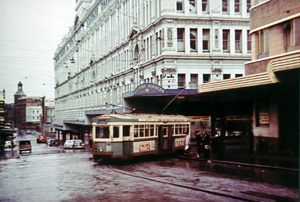 Tram in Goulburn Street Haymarket, outside Anthony Hordern's department store 1953 - A-00057644