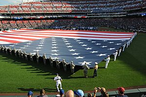 120710-N-MZ294-272 a giant American flag before the 2012 major league baseball All-Star Game
