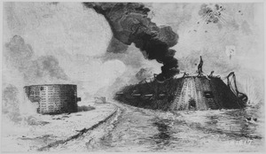 Battle between the Monitor and Merrimac, Hampton Roads, Virginia, March 9, 1862. Copy of engraving by Evans after J.O. D - NARA - 530500