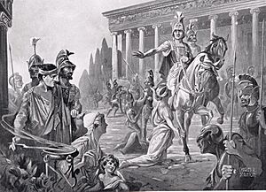 Charles R. Stantonː Alexander at the Sack of Thebes in 335 BC (illustration from Hutchinsons History of the Nations, 1915).jpg