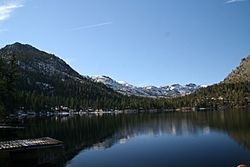 The small town of Fallen Leaf sits along the south shore of Fallen Leaf Lake. The Desolation Wilderness can be seen in the background.