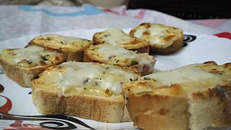 Garlic bread variation topped with mozarella cheese