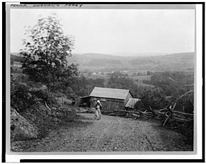 Landscape with woman walking up hill, barn below, and rail fence along road, at twilight, Dingman's Ferry, Pennsylvania LCCN93508312