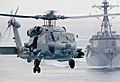 MH-60R Sea Hawk helicopter prepares to land aboard the aircraft carrier USS John C. Stennis (cropped)