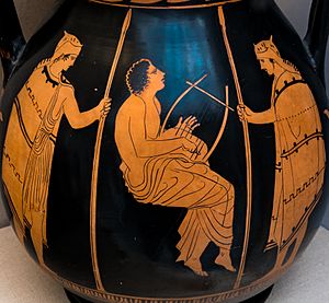 Manner of the Kleophon Painter ARV 1148 7 Orpheus singing before the Thracians - three draped youths (01) (cropped)