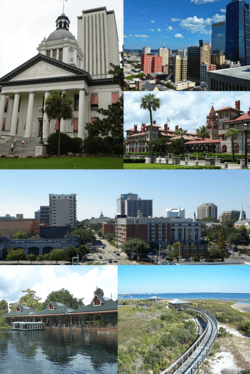 Top left to right: Florida State Capitol in Tallahassee, Downtown Jacksonville,  Flagler College, Tallahassee  skyline Bottom left to right: Silver Springs Nature Theme Park, and Big Lagoon State Park