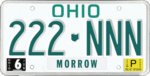 Ohioan license plate, 1985–1990 series with June 1989 sticker (Morrow County).png